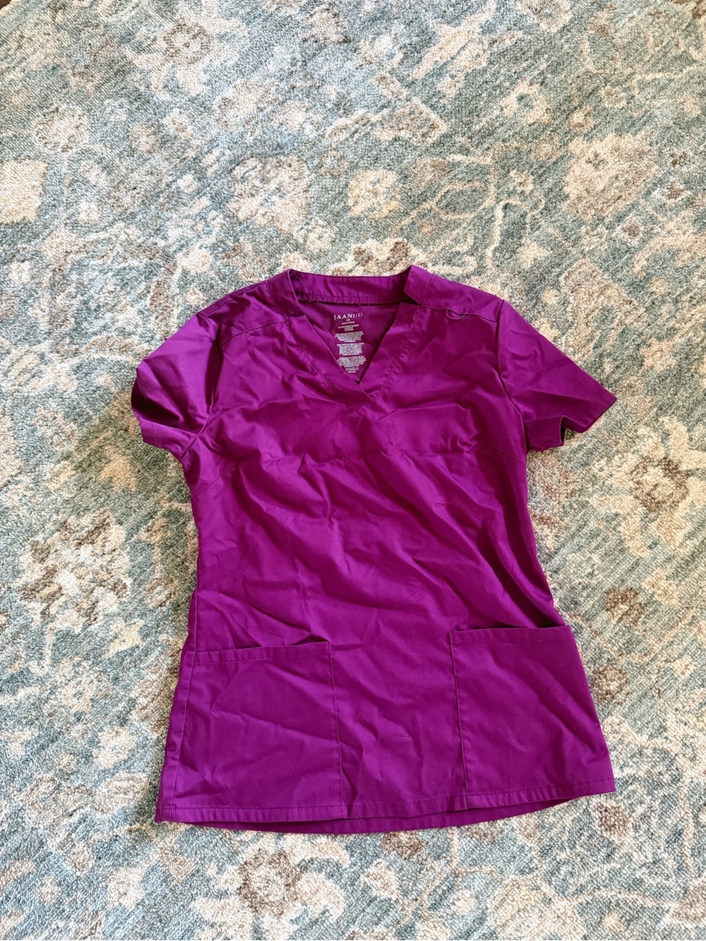 Jaanuu Short-Sleeve Scrub Top and Elastic-Waist Pants in Magenta - Picture 2 of 5